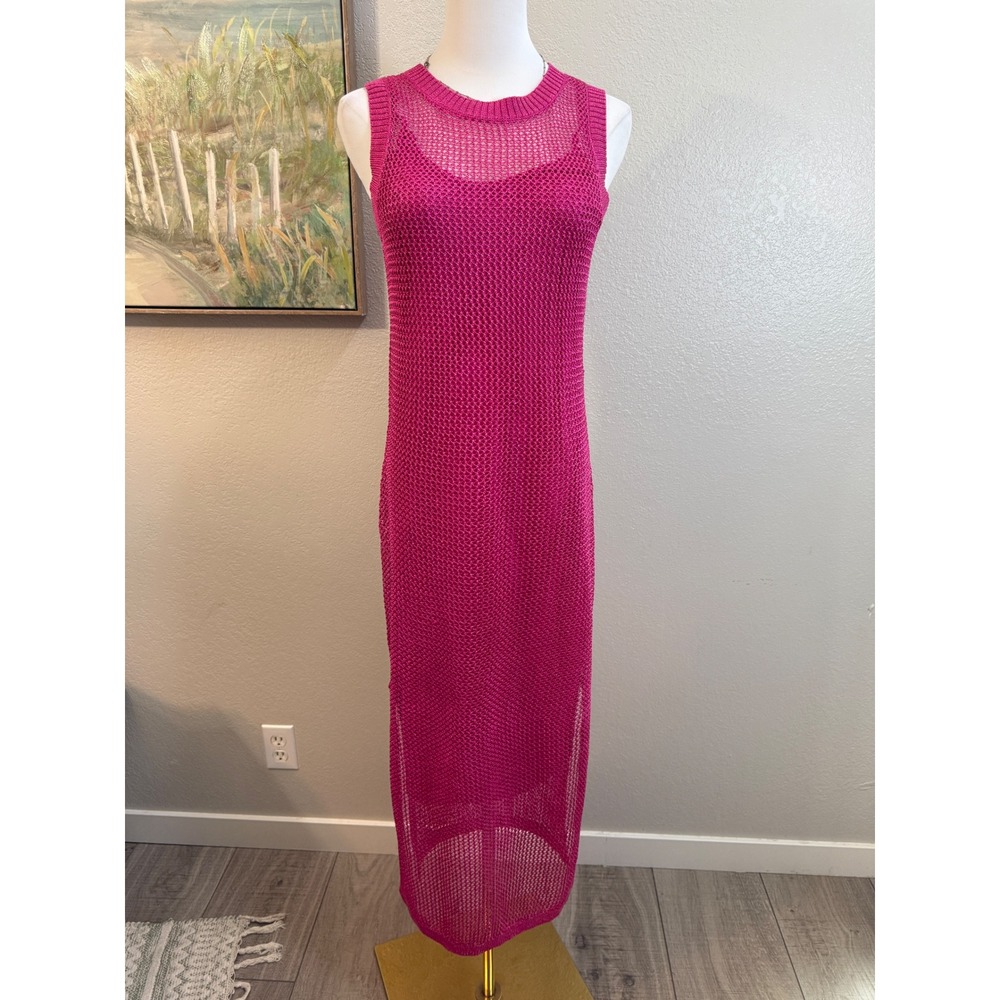 Hot Pink Crochet Mesh Sleeveless Maxi Dress with‎ Slip Lining Small
